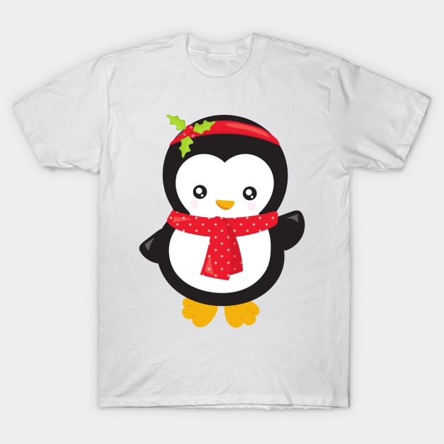 Christmas Penguin, Penguin With Scarf, Mistletoe T-Shirt by Jelena Dunčević